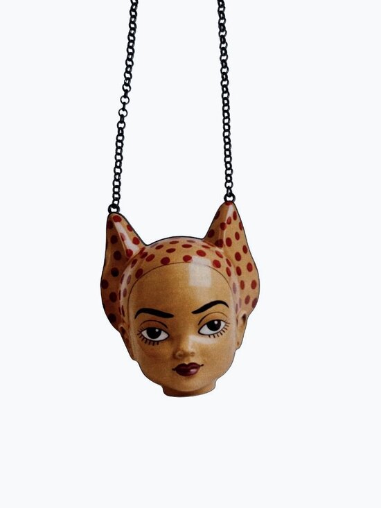 Handmade Jewelry - Retro Feline Femme Red Polka Dot Cat-Ear Doll Face Woodcut Pendant Necklace